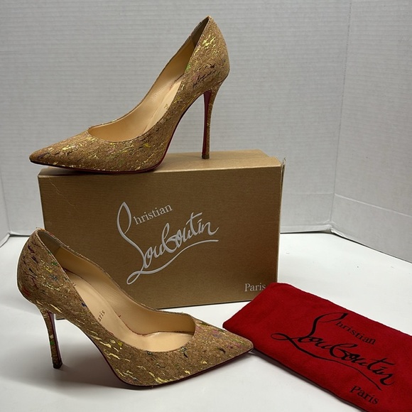 Christian Louboutin Decoltish Metallic Cork Red Sole Pump High Heel Shoes 39.5 - Picture 1 of 13